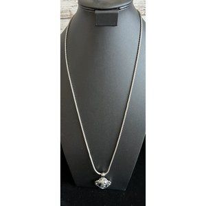 Necklace GS Signed Silver Tone Rhinestone Kitty Pendant 32”